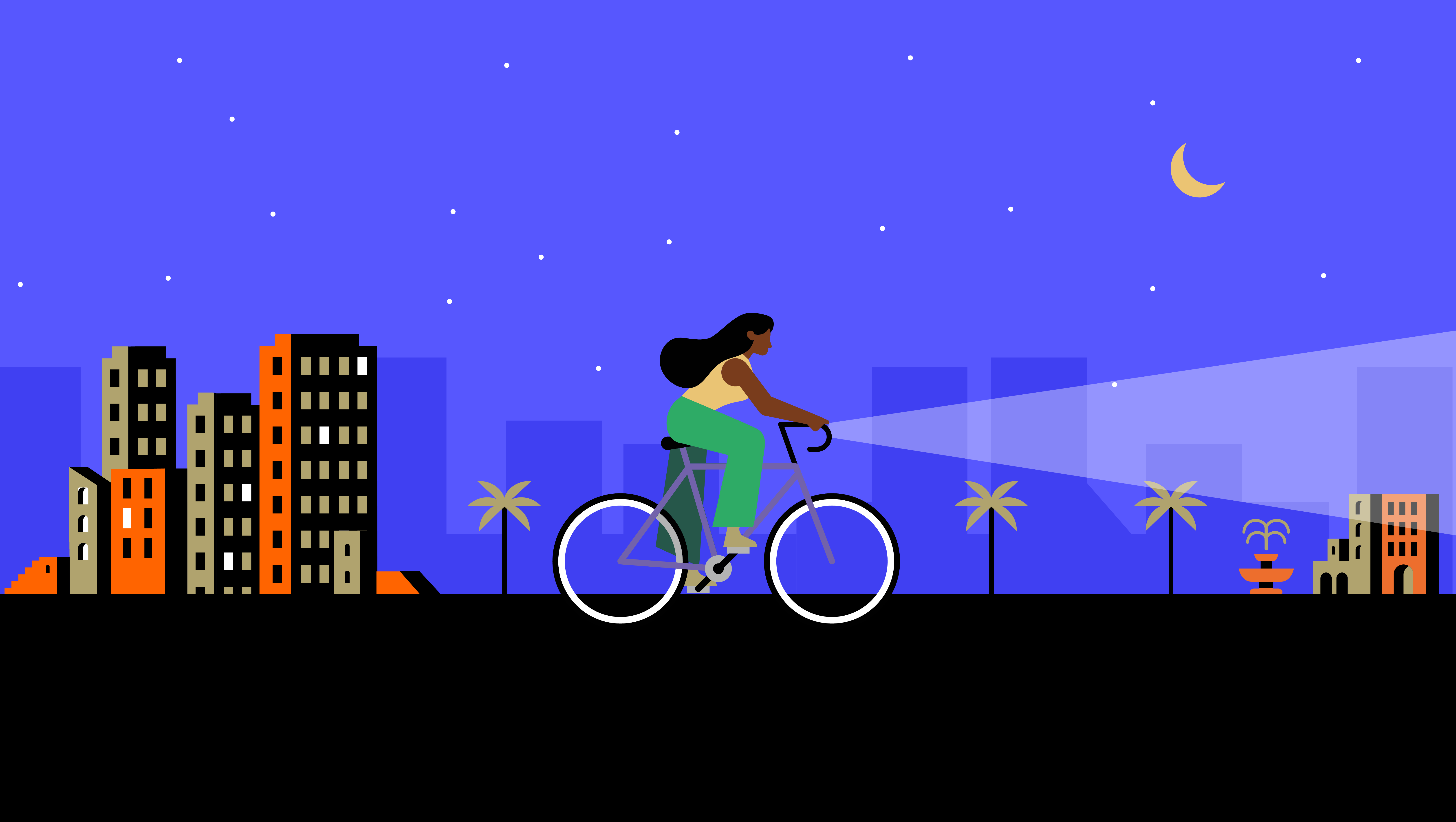 Minimalist illustration of a woman riding a bike at night in an urban area