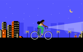 Minimalist illustration of a woman riding a bike at night in an urban area