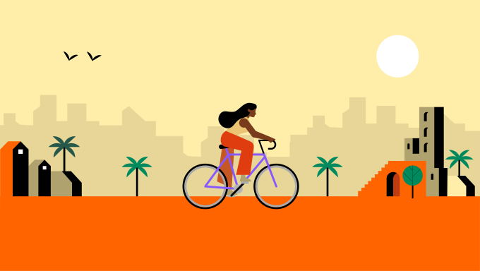 An illustration depicting a girl riding a bicycle on a sunny day, with a city skyline in the background
